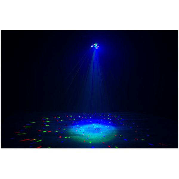 Blå LED-spot med spridda flerfärgade ljuspunkter som lyser ut över golvet i ett mörkt rum, för fest- och eventbelysning.