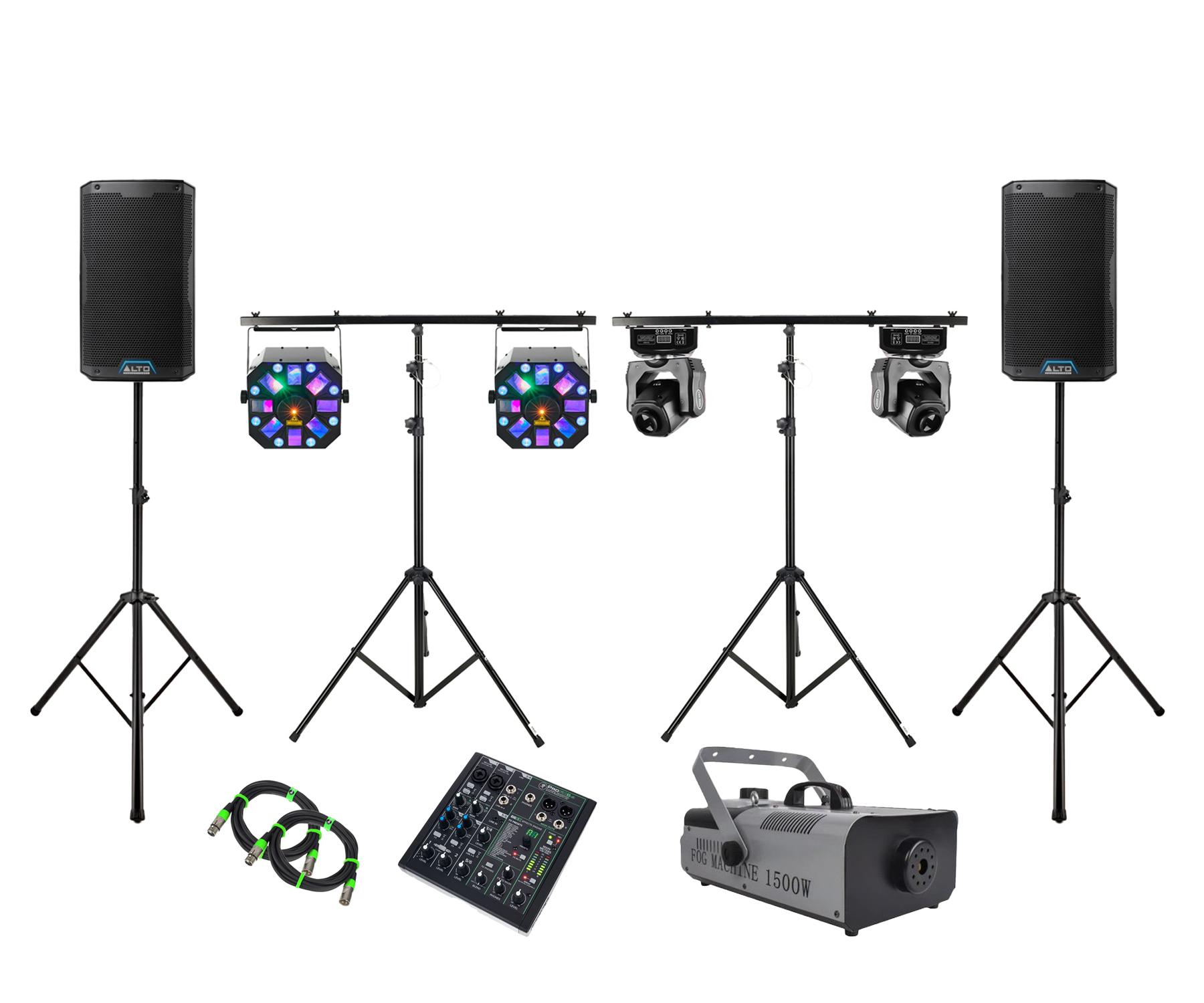 Festpaket Large – komplett ljud- och ljuspaket med högtalare, ljuseffekter, .rökmaskin och mixer för större fester och event