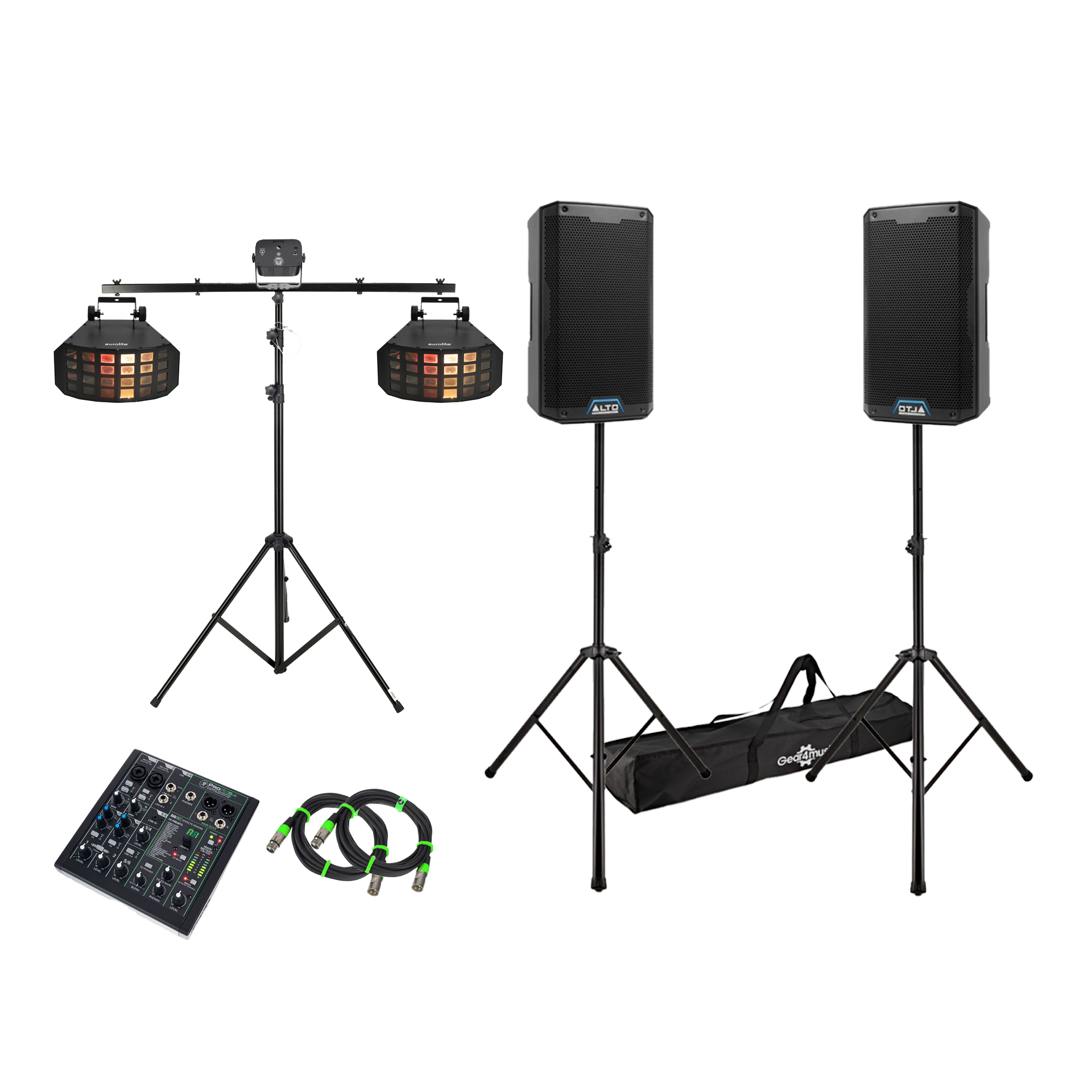 Festpaket Small – komplett ljud- och ljuspaket med starta högtalare, derby-ljuseffekter, laser och rökmaskin och mixer för medelstora fester och event.