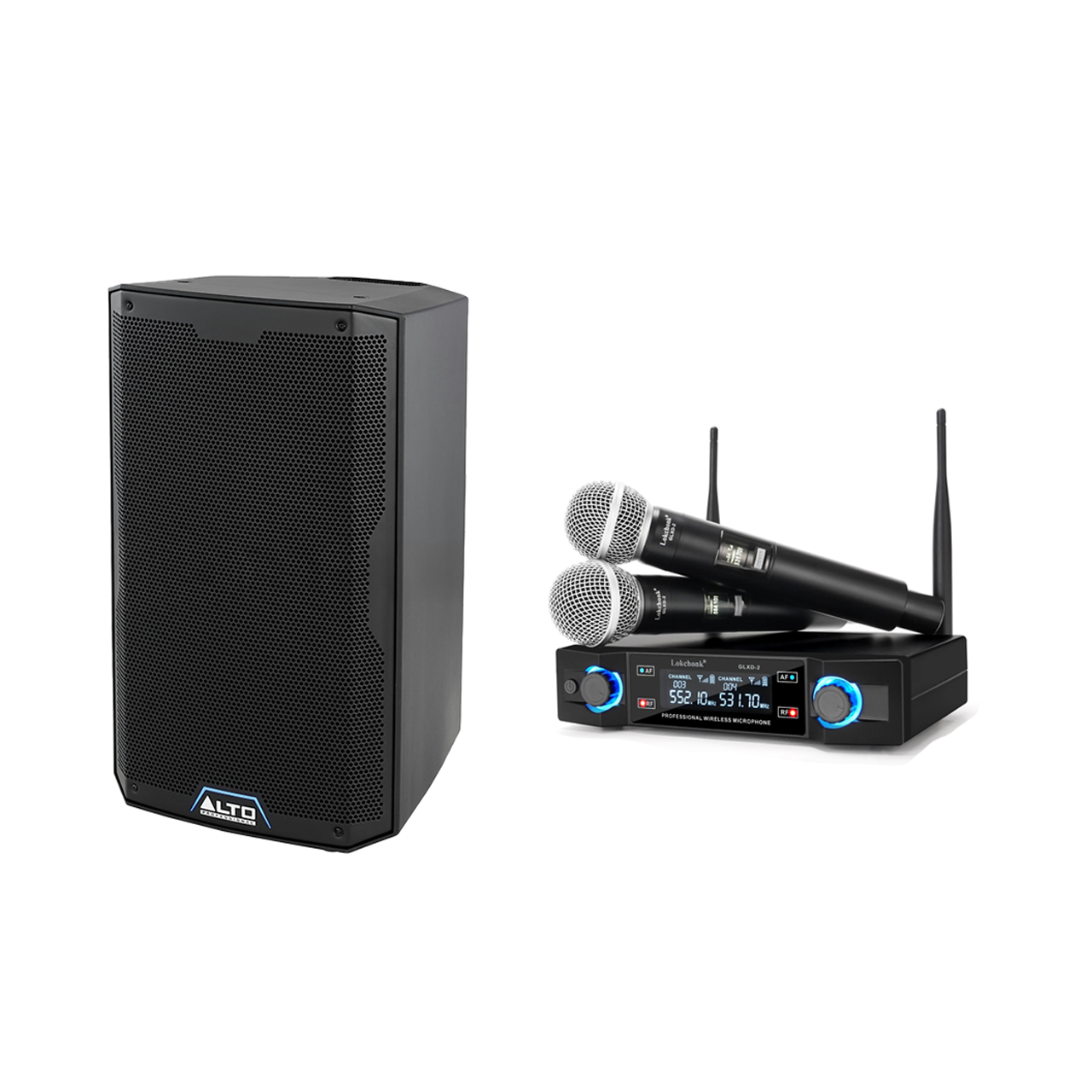 Karaokeutrustning med Alto-högtalare och två trådlösa mikrofoner med mottagare, perfekt för karaoke och festljud.
