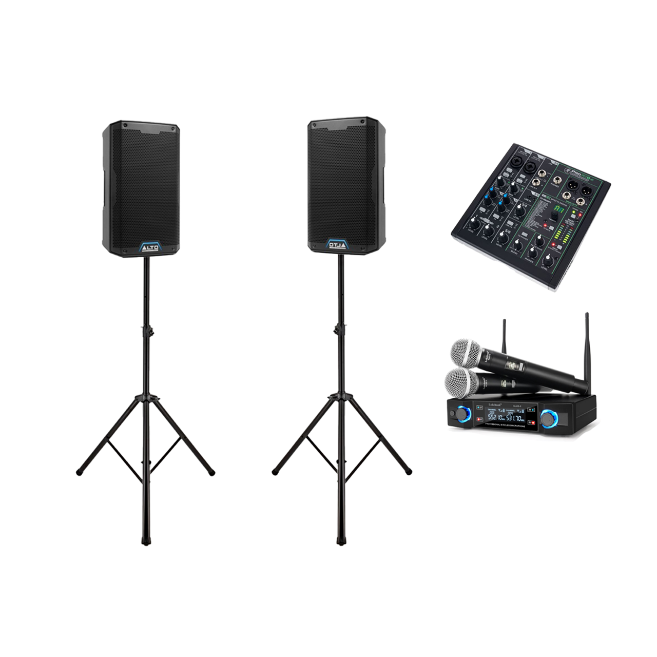 Karaokepaket med två Alto-högtalare på stativ, mixer samt två trådlösa mikrofoner med mottagare.
