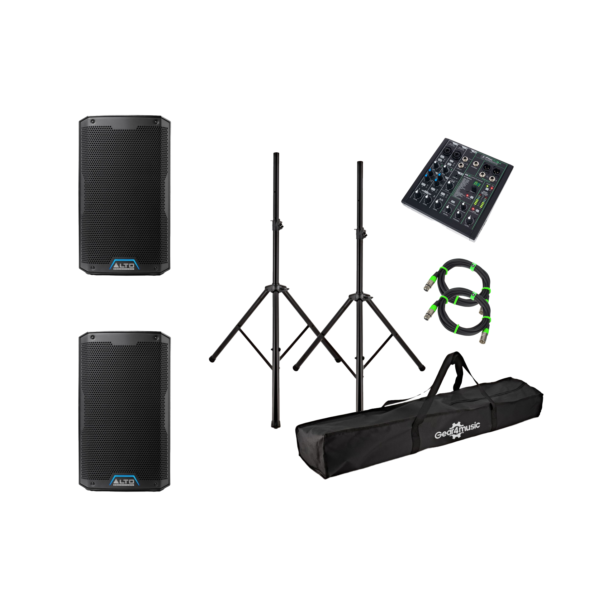 Ljudpaket med två Alto TS412-högtalare, mixer, stativ och kablar för event och fest.