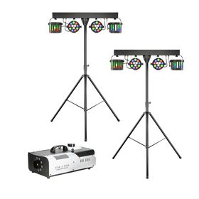 Ljuspaket Basic med två partybars på stativ och en rökmaskin, komplett belysningskit för fest och event.