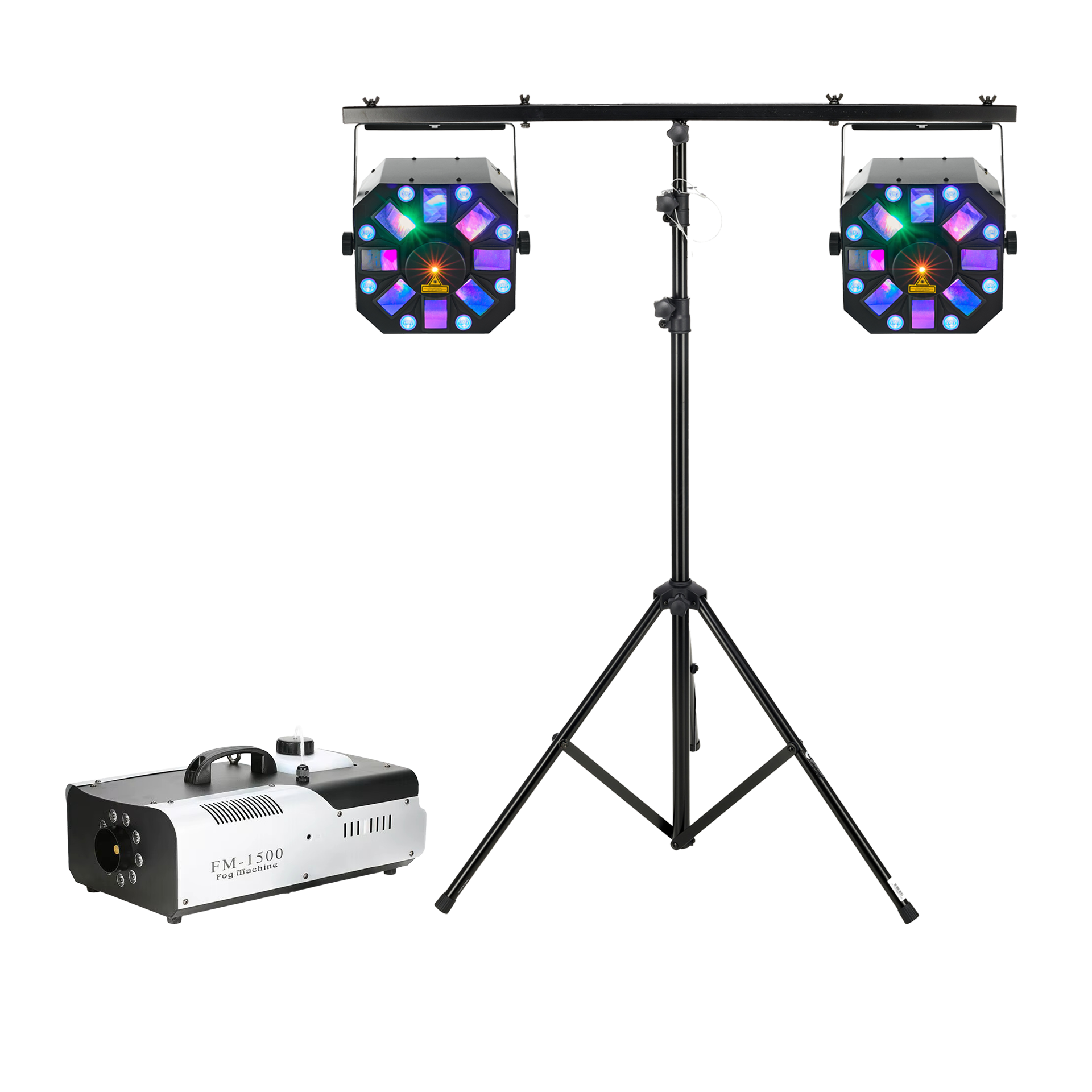 Ljuspaket Medium med två LED-ljuseffekter monterade på stativ och en FM-1500 rökmaskin, perfekt för fest och scenbelysning.
