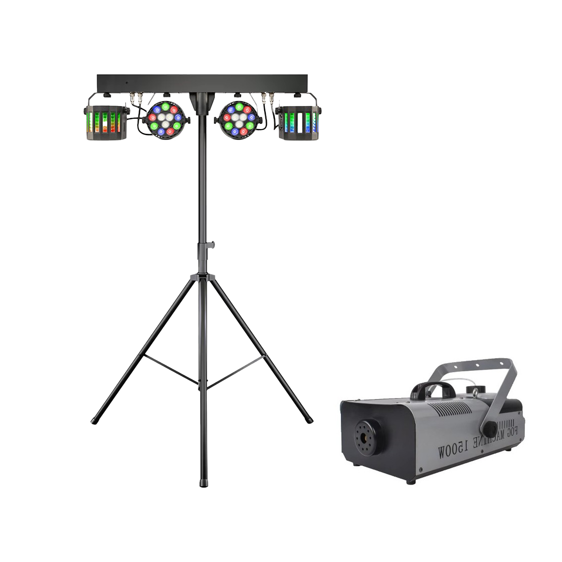 Ljuspaket X-Small med partybar på stativ och rökmaskin, kompakt belysningsset för mindre fester och events.