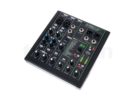 Kompakt ljudmixer med flera kanaler, rattar för nivå- och effektkontroll samt XLR-ingångar och LED-nivåmätare på ovansidan.