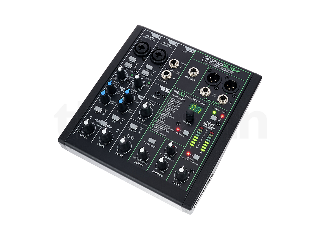 Kompakt ljudmixer med flera kanaler, rattar för nivå- och effektkontroll samt XLR-ingångar och LED-nivåmätare på ovansidan.