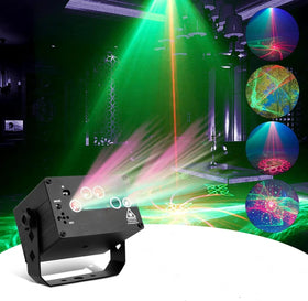 Party mini laser som projicerar färgade ljusstrålar i grönt, rött och rosa med flera visade mönstereffekter i bakgrunden.