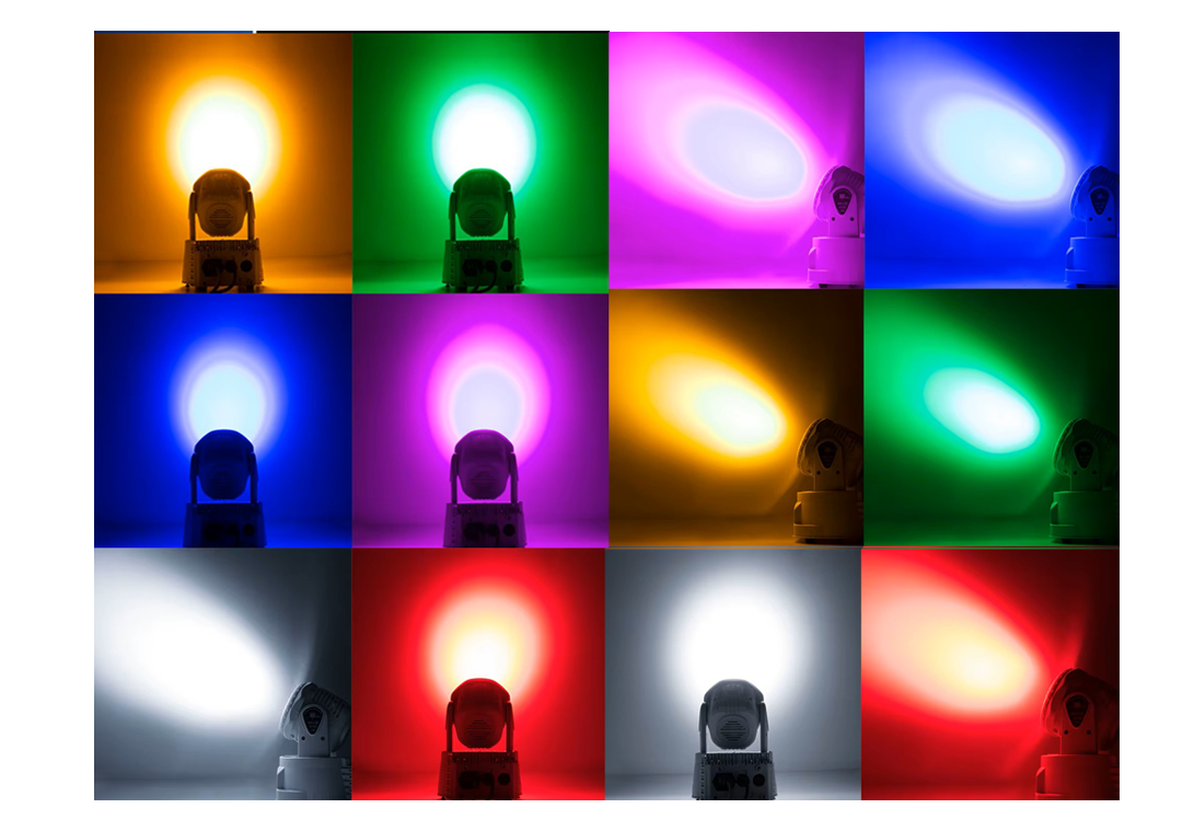 Moving wash-ljus som visar olika färger och ljusstyrkor – orange, grönt, rosa, blått, rött och vitt – i en collagevy.