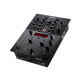 Reloop IQ2+ MIDI – professionell 2-kanals DJ-mixer med inbyggt ljudkort, effekter och MIDI-kontroll, fotograferad snett uppifrån.