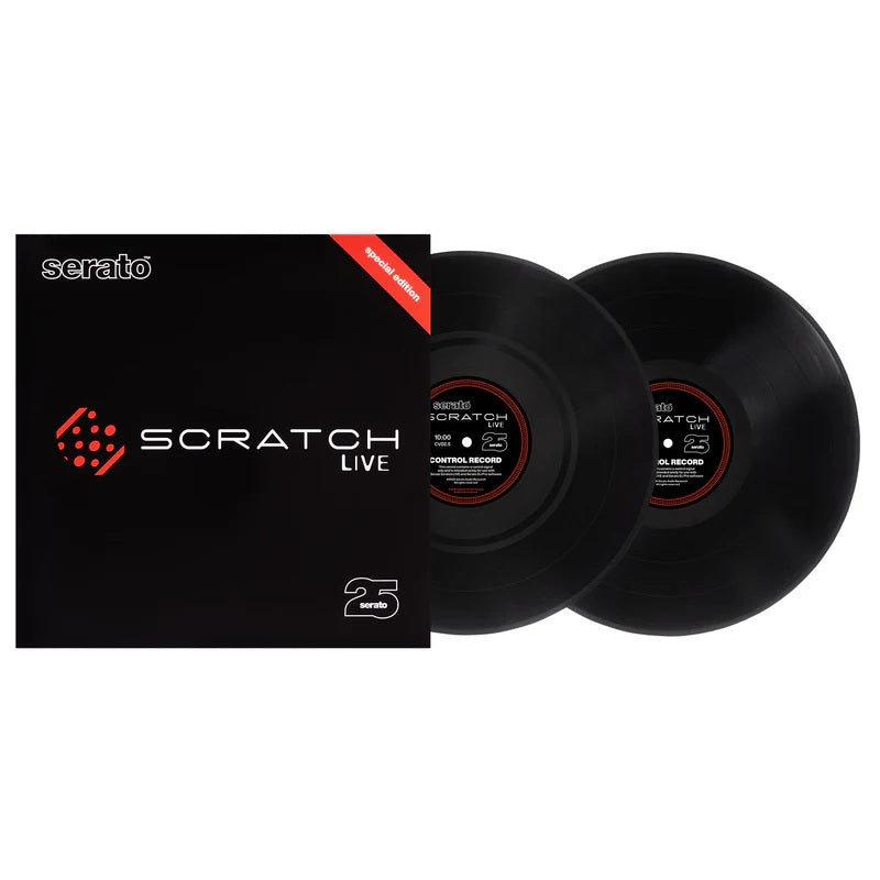 Serato Scratch Live-paket med två svarta tidskodade vinylskivor för digital vinylstyrning.