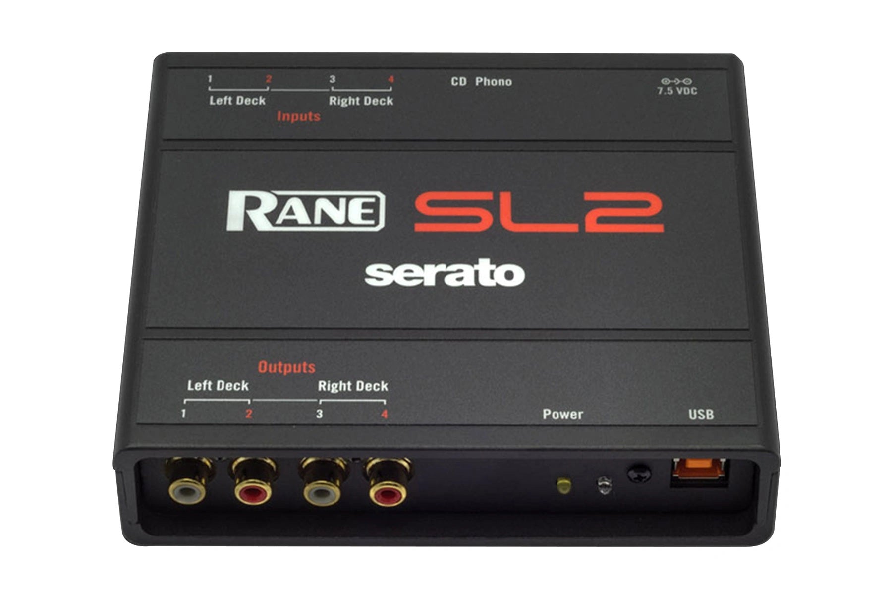 Närbild på Rane SL2-ljudkortet med RCA-ingångar och utgångar för digital vinylstyrning.