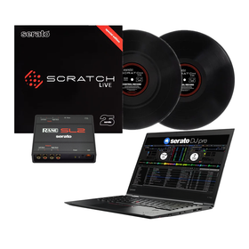 Digital-Vinylpaket med Serato SL2-ljudkort, två tidskodade vinylskivor och laptop med Serato DJ Pro.
