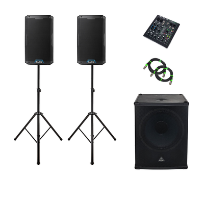 judpaket med två Alto TS412 högtalare på stativ, Behringer B1800XP subwoofer, kompakt mixer och XLR-kablar – komplett PA-system för fest och event.