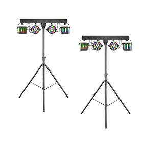 Två partybars med LED-effektlampor och Derbyljus monterade på stativ, visade bredvid varandra för fest- och eventbelysning.