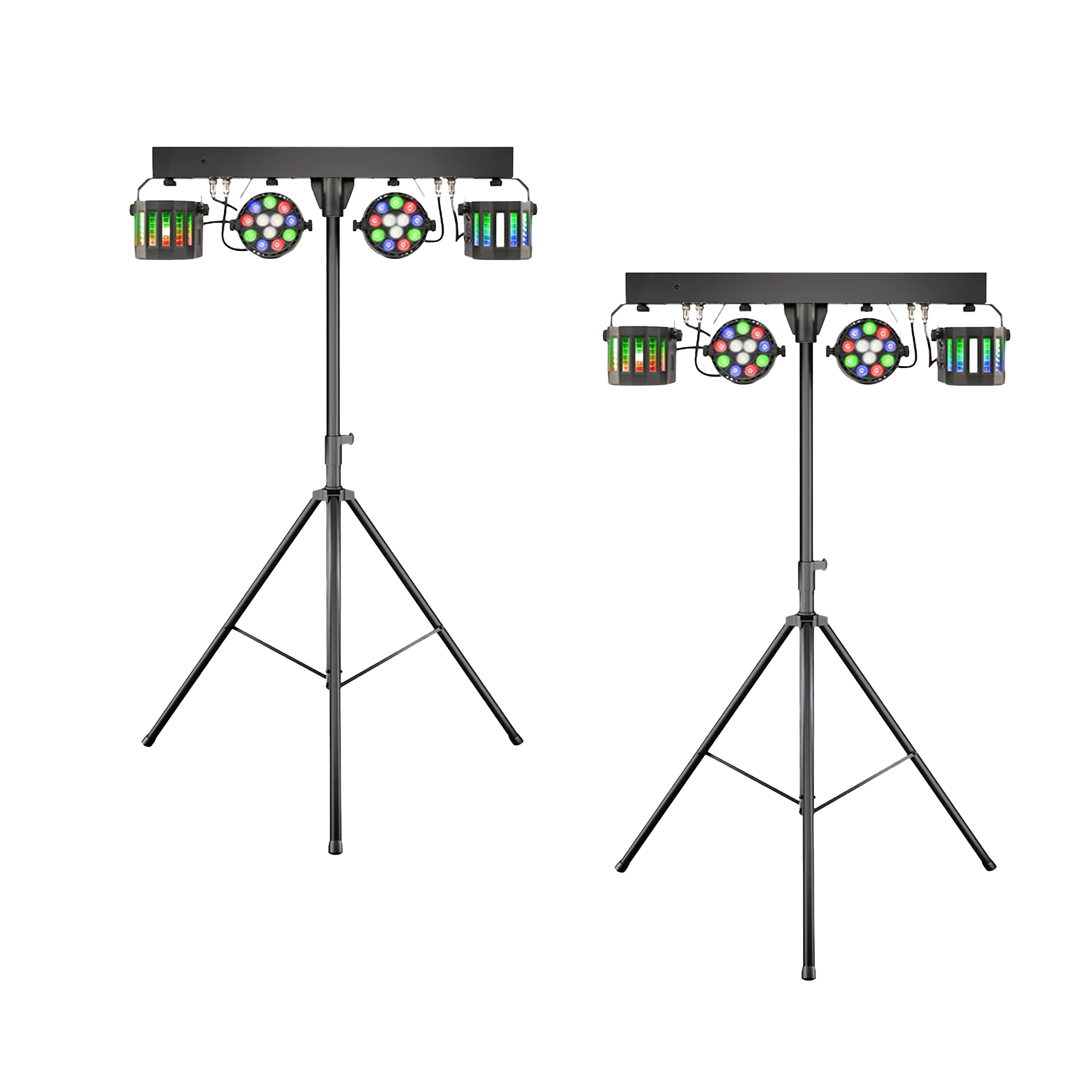 Två partybars med LED-effektlampor och Derbyljus monterade på stativ, visade bredvid varandra för fest- och eventbelysning.