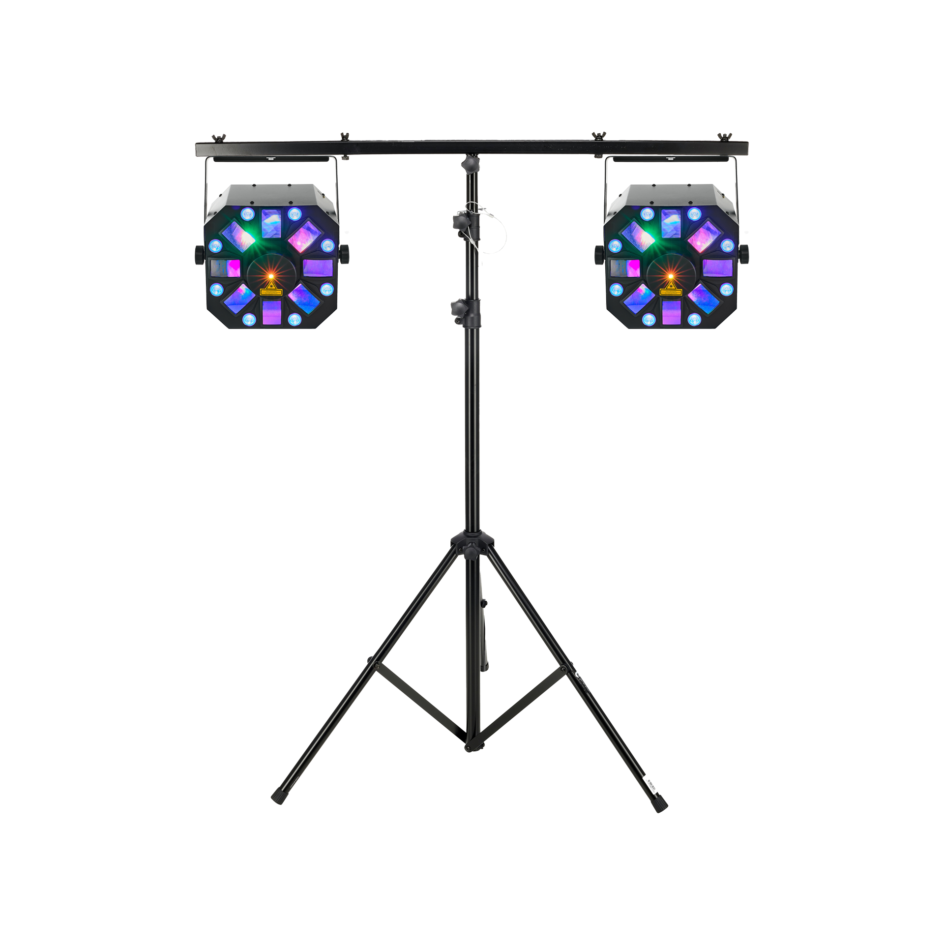 Ljusrigg med två flerfärgade LED-effektlampor monterade på stativ för fest- och eventbelysning.