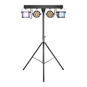 Partybar med fyra monterade effektlampor – två LED-wash och två LED-spots – uppställda på ett tripodstativ för fest- och scenbelysning.