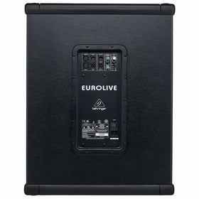 Baksida av Behringer B1800XP subwoofer med anslutningspanel och kontroller.