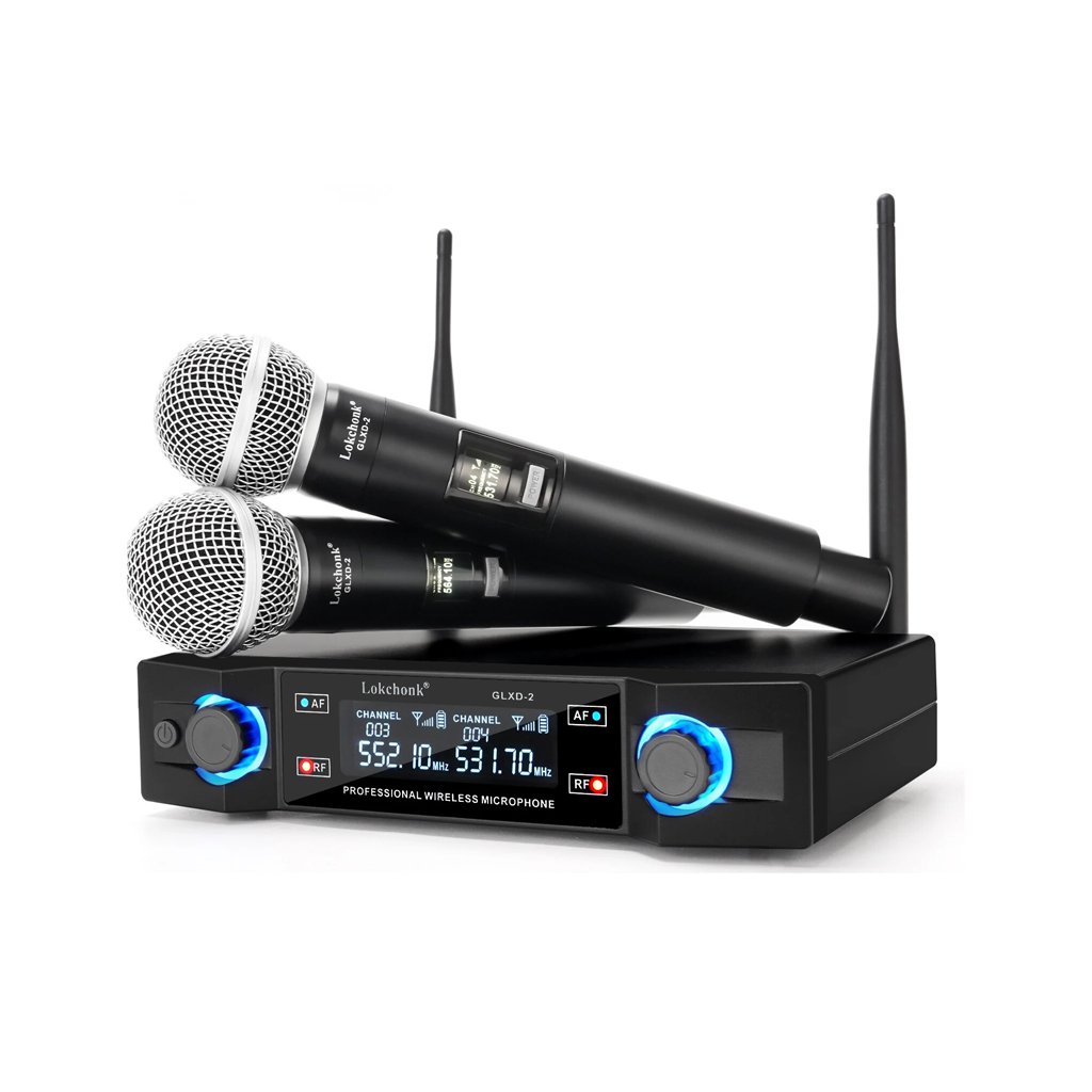 Trådlöst mikrofonsystem med två handhållna mikrofoner och dubbel mottagare med display och antenner – komplett lösning för tal, karaoke och event.